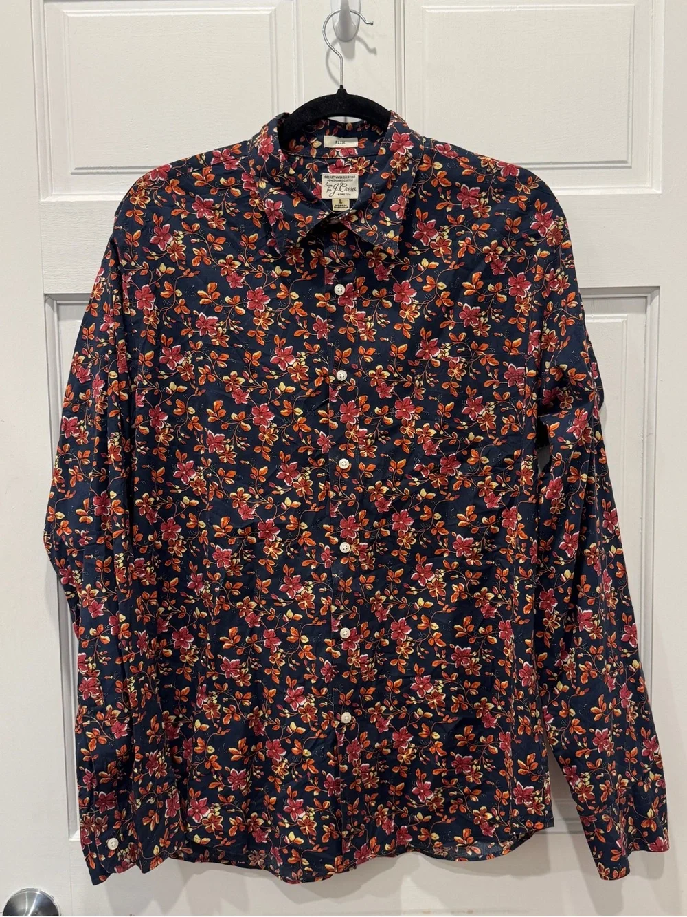 J.Crew Secret Wash Navy Floral Shirt L Slim Fit Organic Cotton Indie Preppy